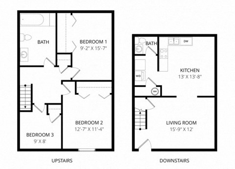 Floor plan for 3 beds, 1.5 baths, 1067 sqft